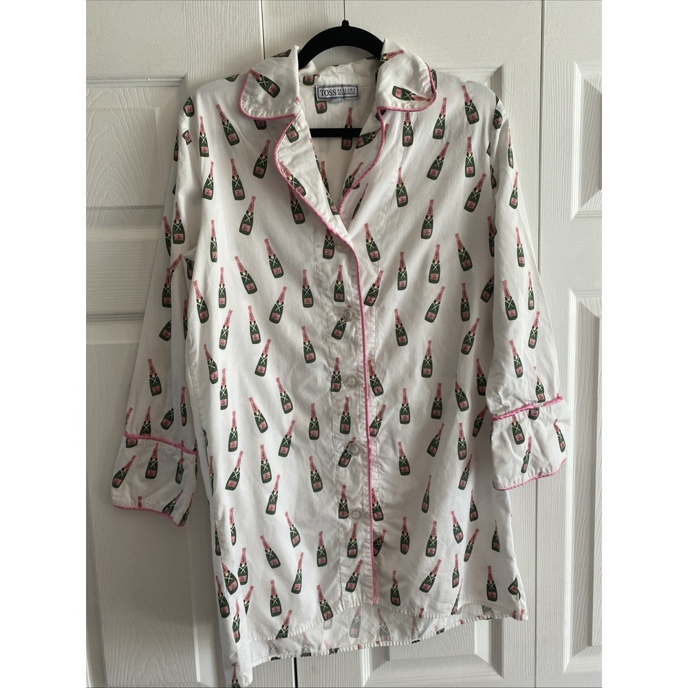 Toss Designs Womens S/M White Champagne Bubbly Nightgown Button Bridal Bachelore